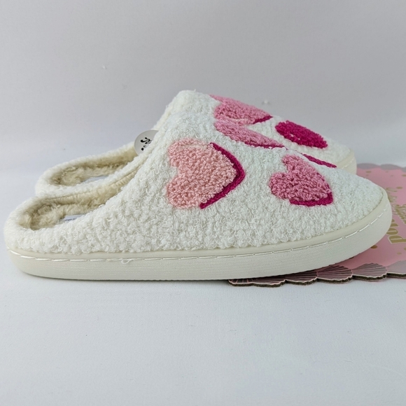 Hearts Slippers Sherpa Upper Fleece Memory Foam Slip On Ivory Pink M (7/8) NWT - Picture 6 of 12